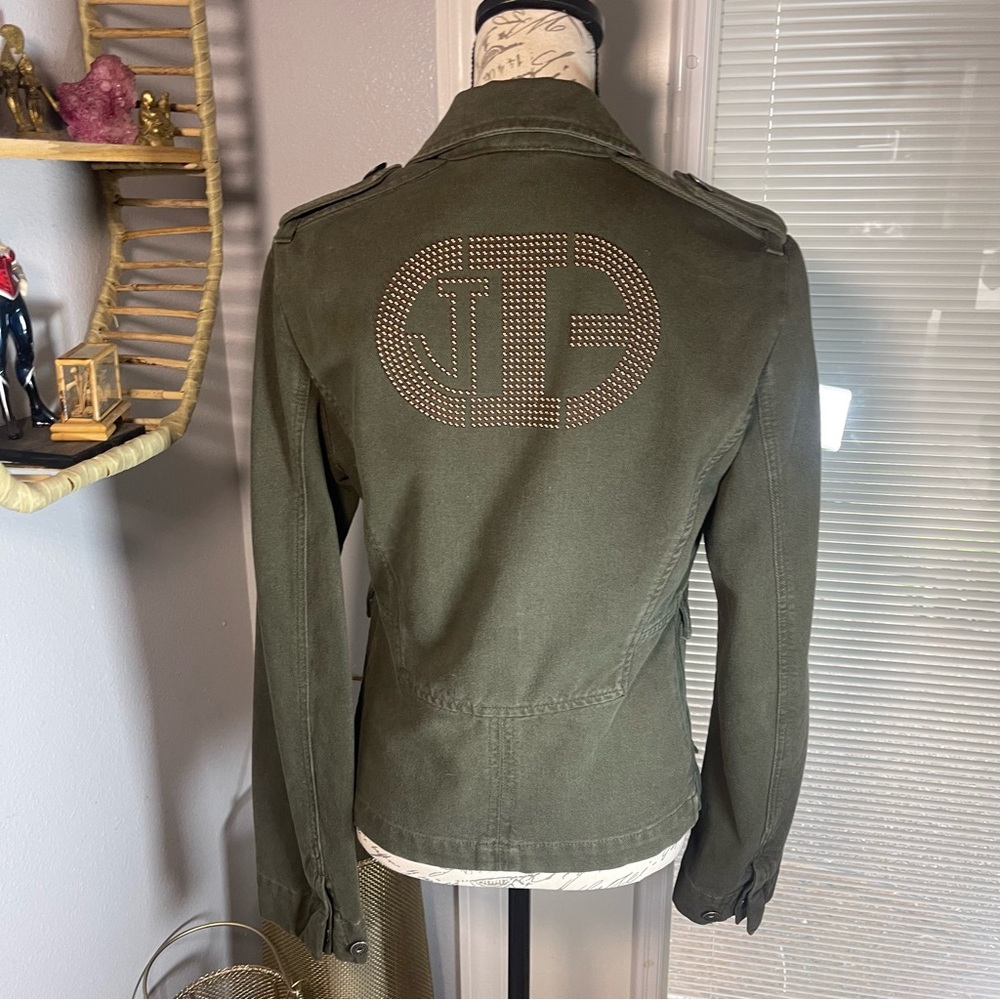ICE J Iceberg Women’s Logo Copper Metal Studded Army Green Military Jacket Sz M